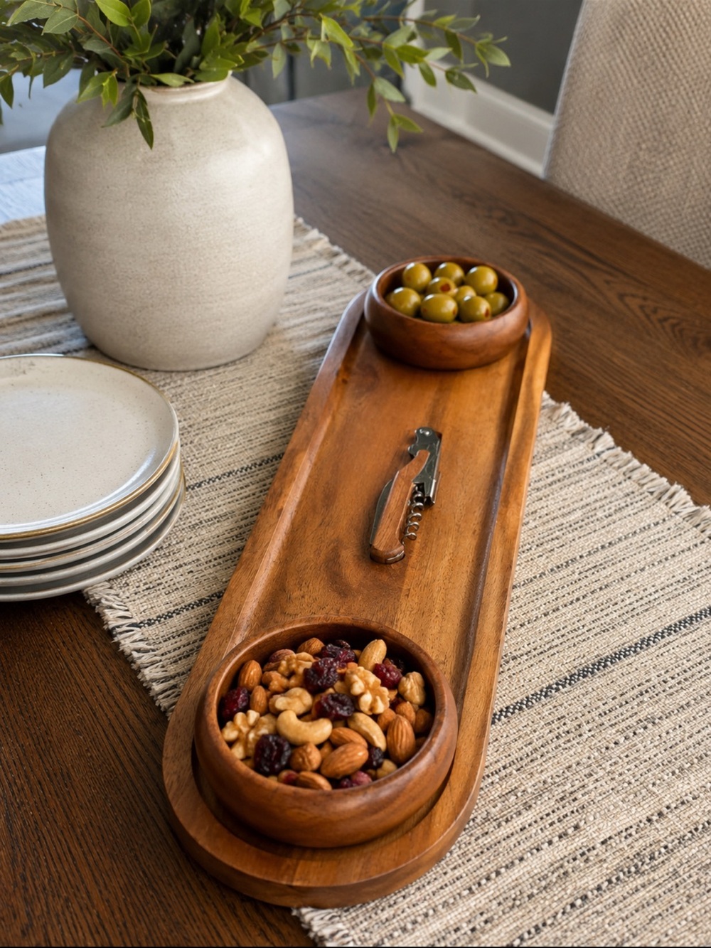 Handcrafted made in India Wood Serving Board w/2 Bowls and Corkscrew - 18 x 5